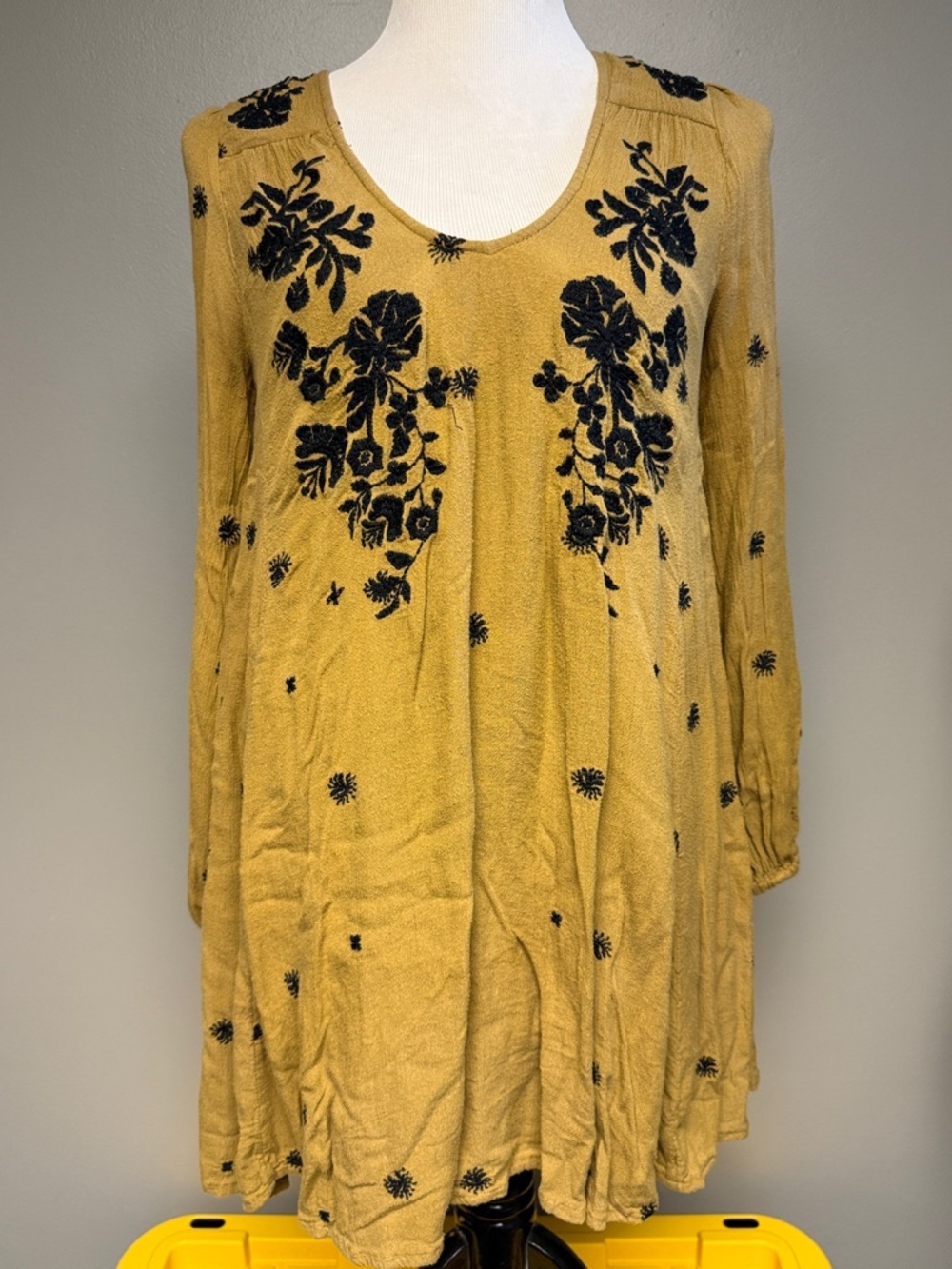Free People Mustard Floral Embroidered Tunic Top Boho